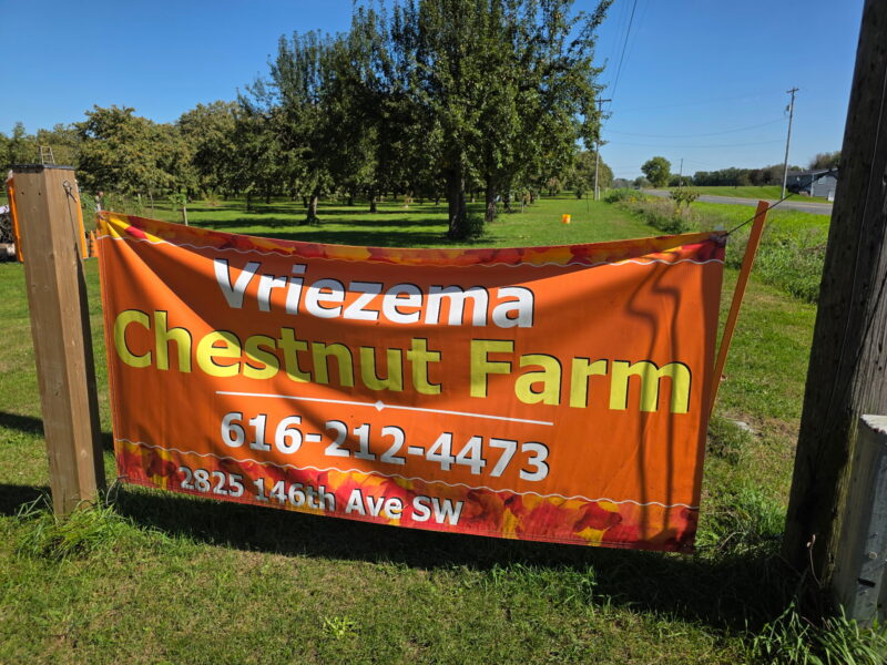Vriezema sign in front of chestnut tree orchard